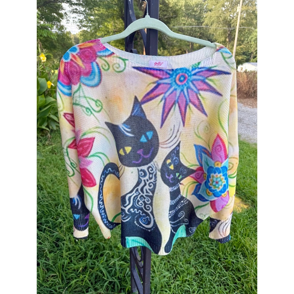 Yolly Italy Cat Floral Knit Sweater Multi Color Batwing Sleeve Made in Italy